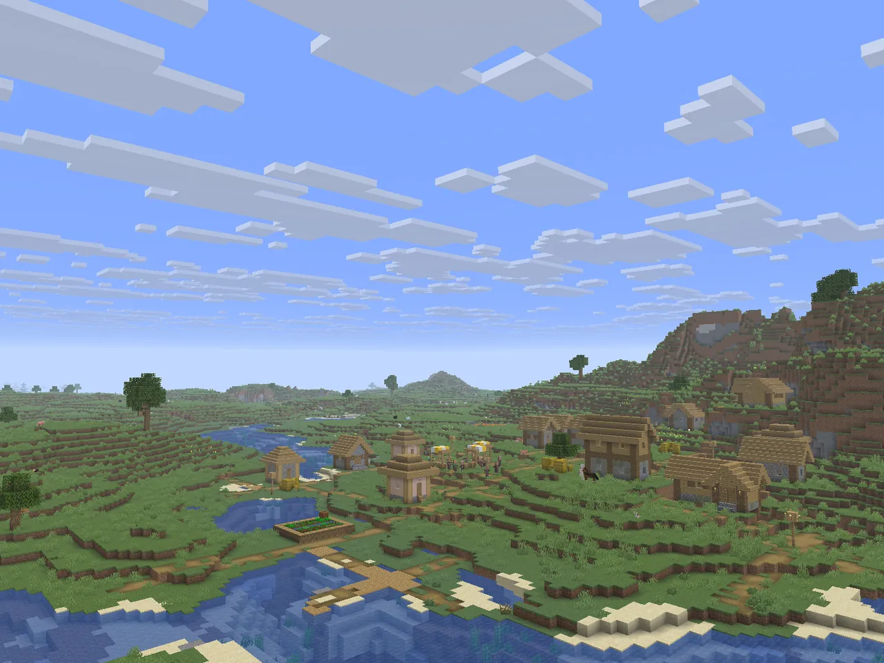 Una aldea de Minecraft junto a un río